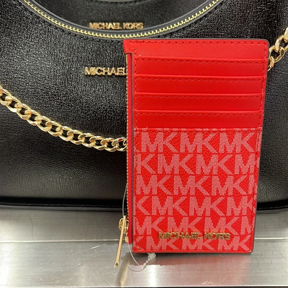 Michael Kors Jet Set Travel Medium Top Zip Card Case Wallet Dark Sangria  NWT